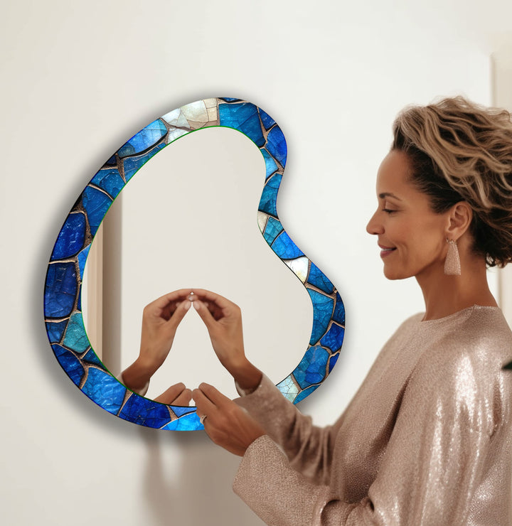 Blue Mosaic Asymmetrical Glass Wall Mirror