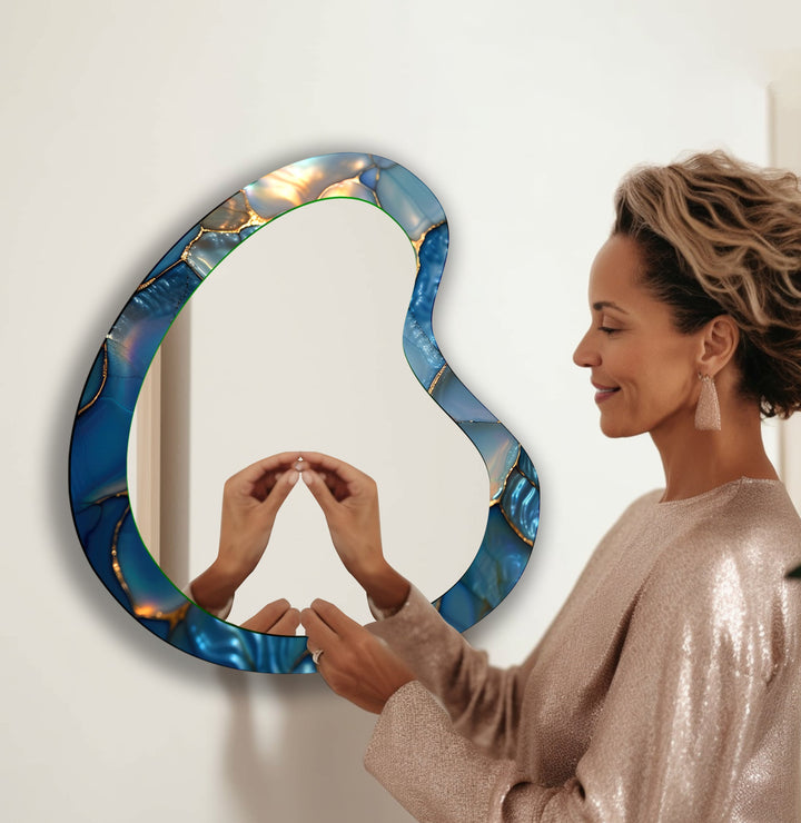 Blue Abstract Irregular Glass Wall Mirror