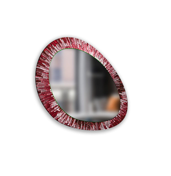 Red Stained Oval Living Room Wall Mirror