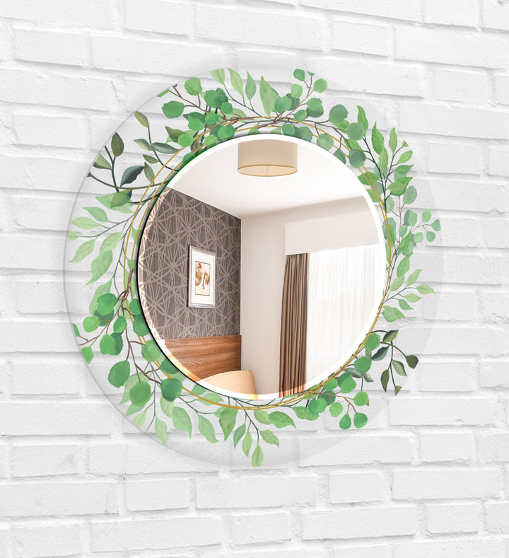 Transparent Green Leafs Round Wall Mirror black frame mirror
