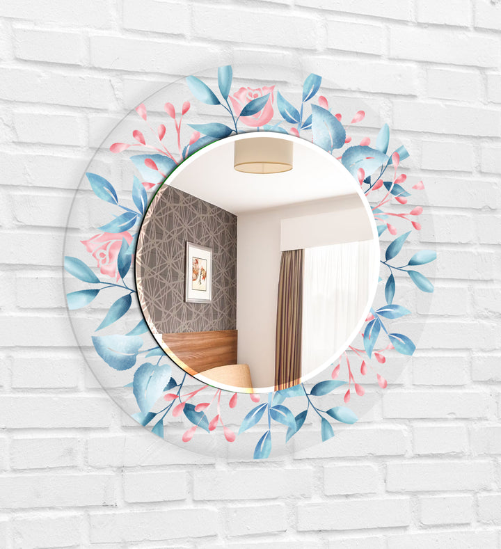 Transparent Blue Flowers Round Wall Mirror full body mirror
