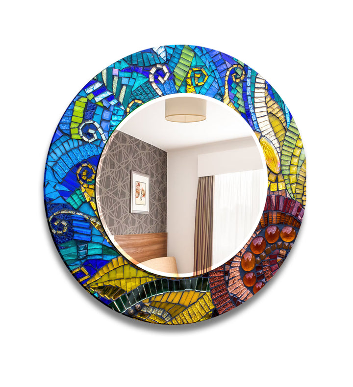 Stained Blue Round Wall Mirror Gold Wall Mirror
