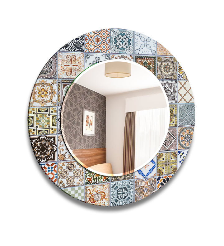 Mosaic Design Beige Round Wall Mirror Gold Mirror
