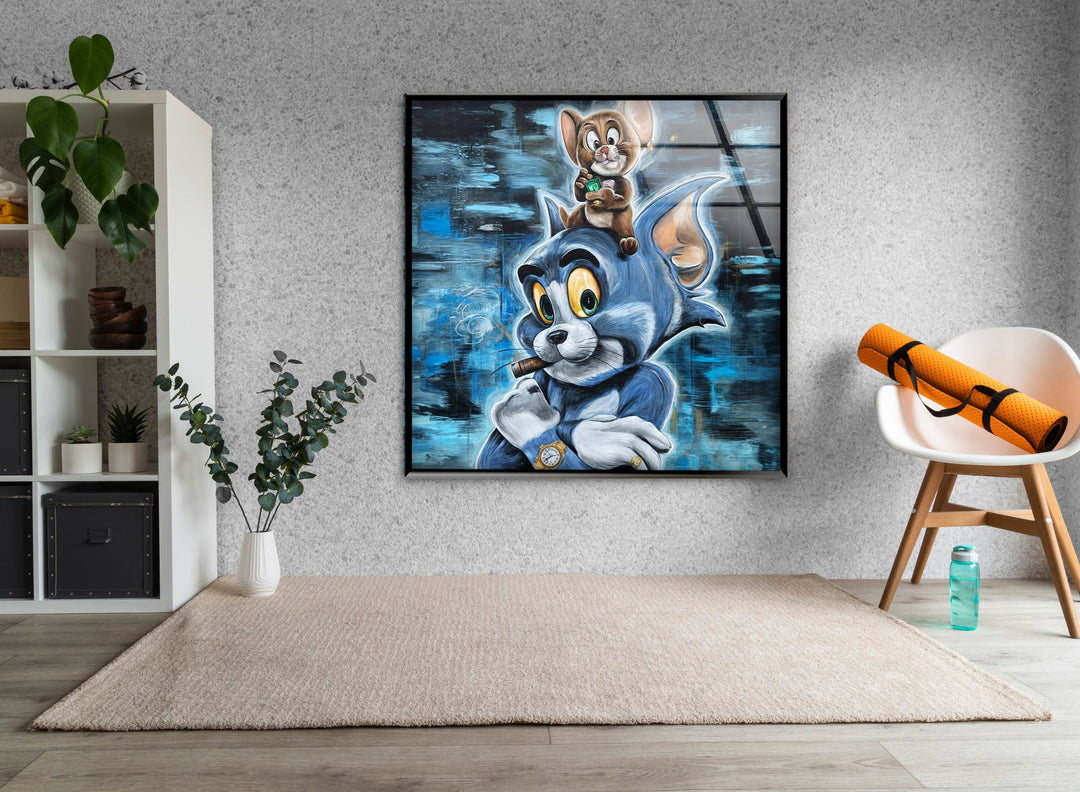 Tom and Jerry Glass Wall Art glass art painting, glass art for the Wall
