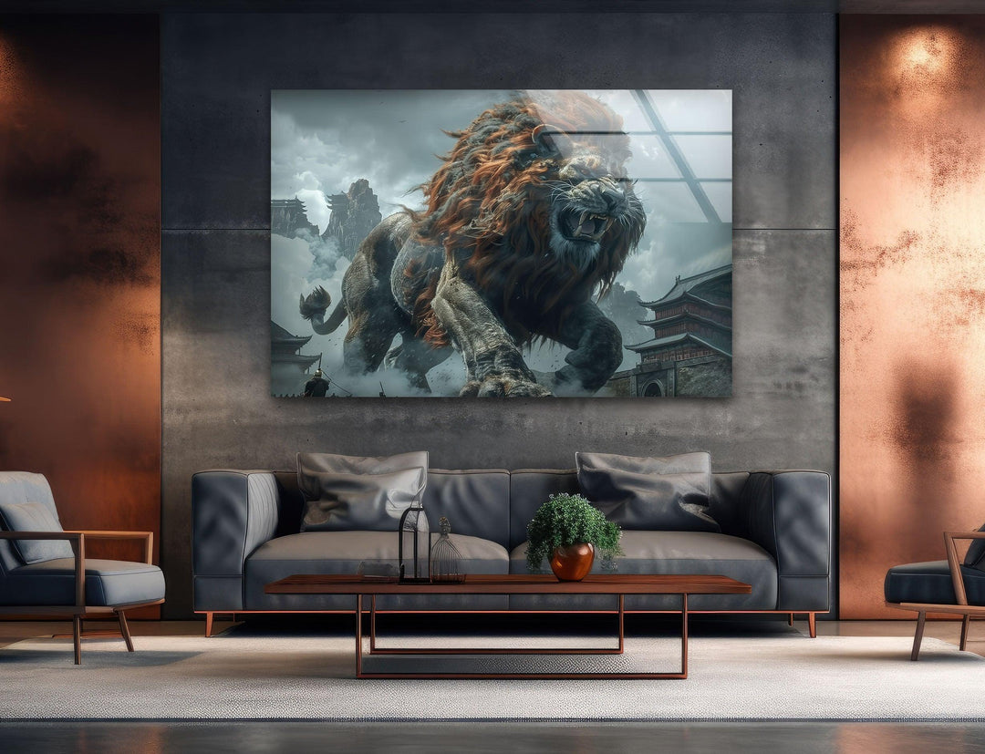 Big Chinese Lion Glass Wall Art print picture on glass,Tempered Glass Wall Art