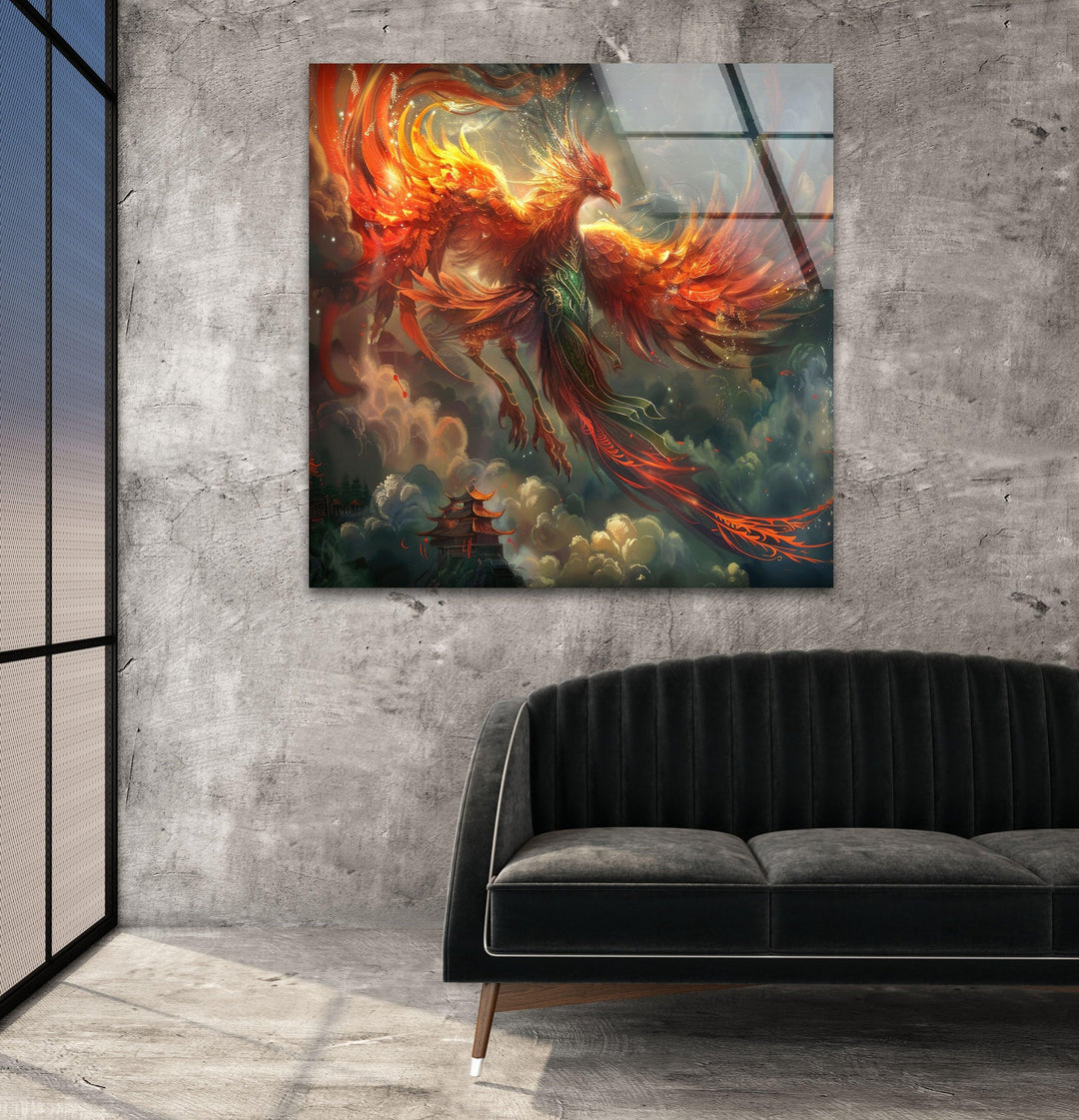 Chinese Phoenix Glass Wall Art glass art painting, glass art for the Wall