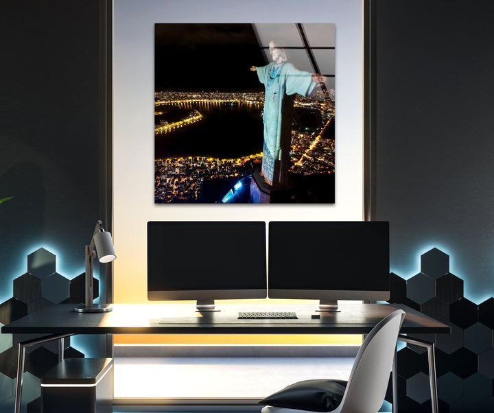 Rio de Janeiro Night Skyline with Christ the Redeemer on Glass Wall Art
