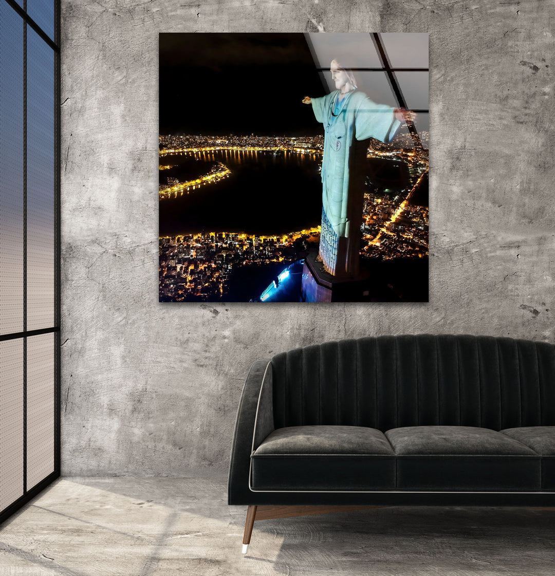 The Redeemer Statue Overlooking Rio: A Beautiful Night Scene on Glass Wall Art
