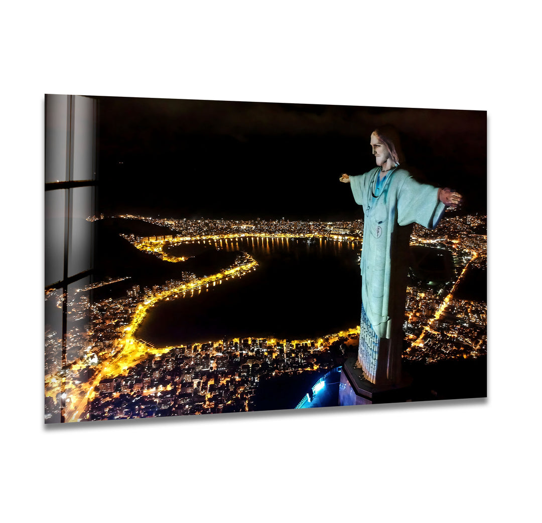 Christ the Redeemer: Stunning Night View of Rio de Janeiro on Glass Wall Art
