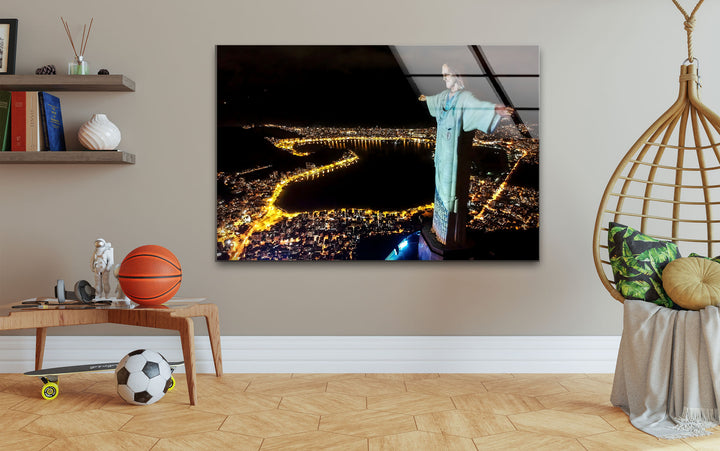 Christ the Redeemer: Stunning Night View of Rio de Janeiro on Glass Wall Art
