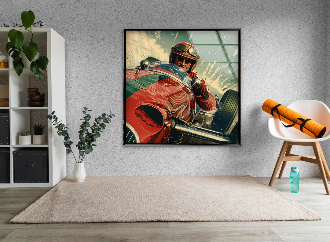 Vintage Red Car Glass Wall Art