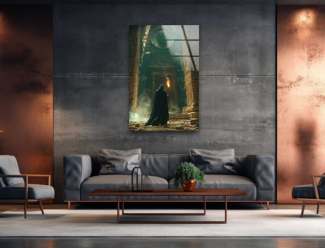 Cloaked Man Entered Temple Glass Wall Art