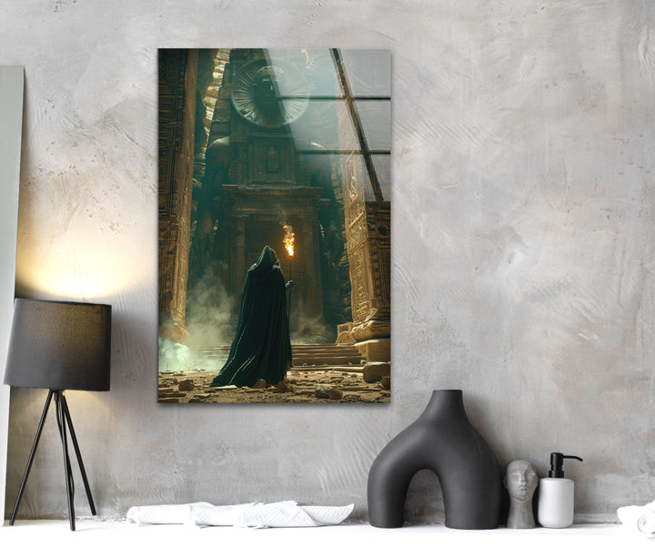 Cloaked Man Entered Temple Glass Wall Art