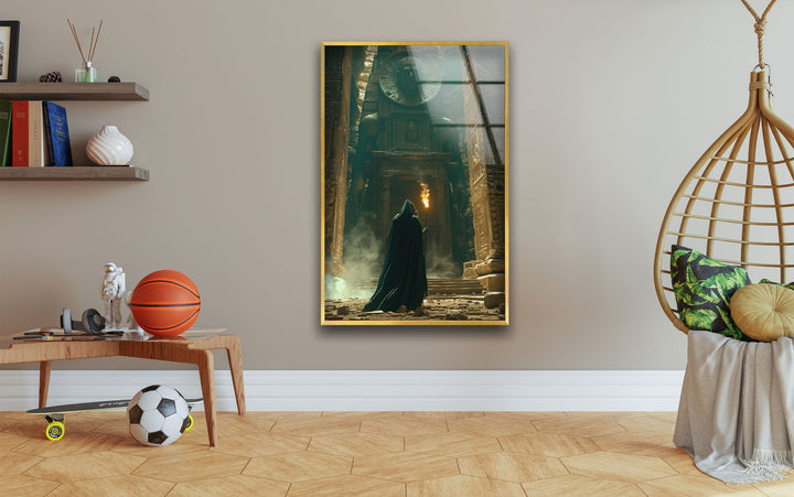 Cloaked Man Entered Temple Glass Wall Art