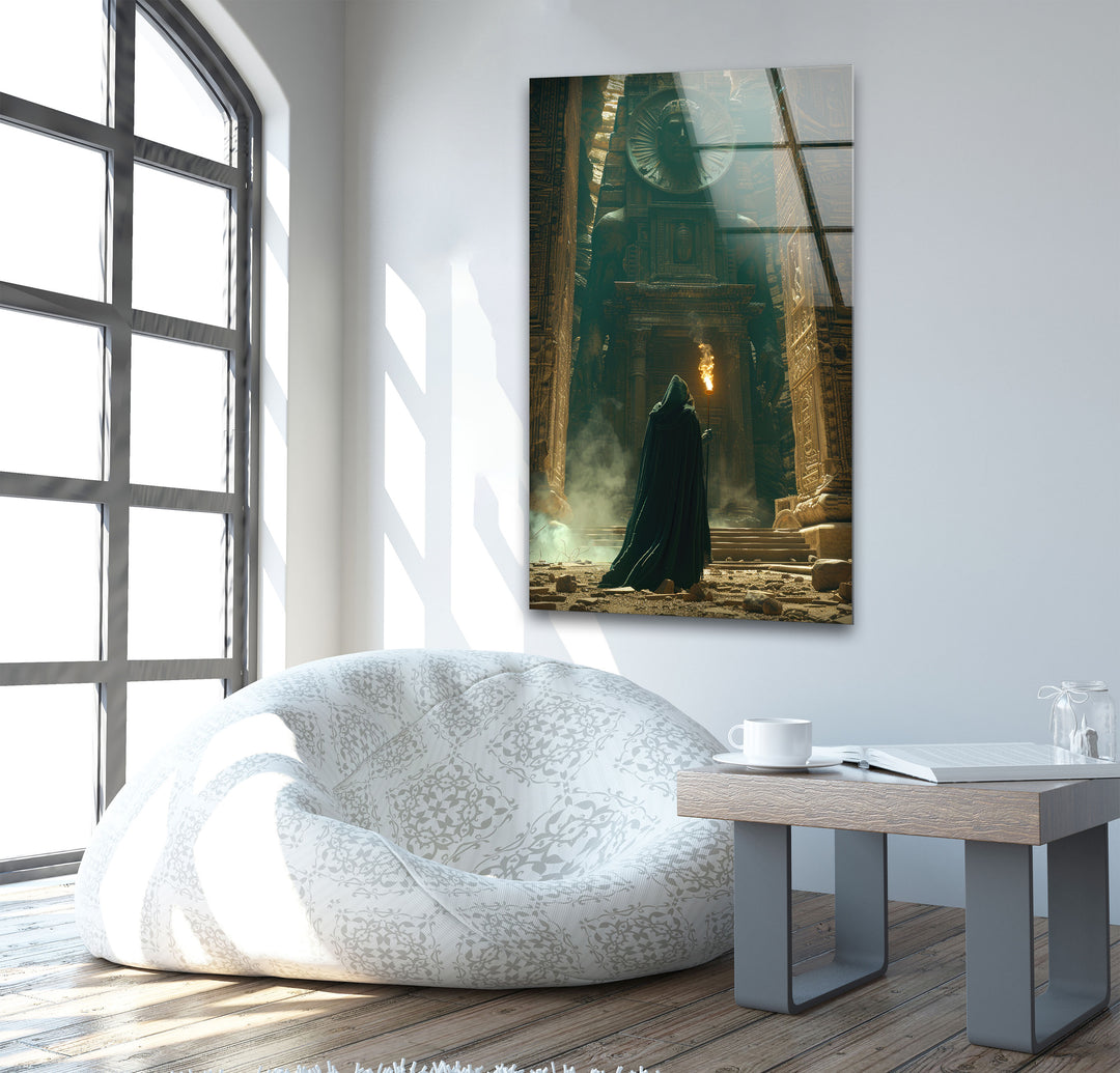 Cloaked Man Entered Temple Glass Wall Art