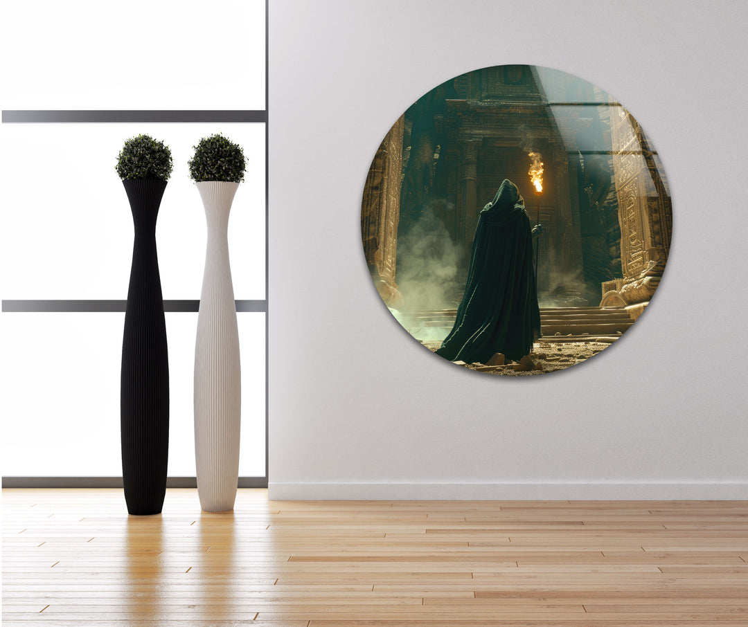 Cloaked Man Entered Temple Glass Wall Art