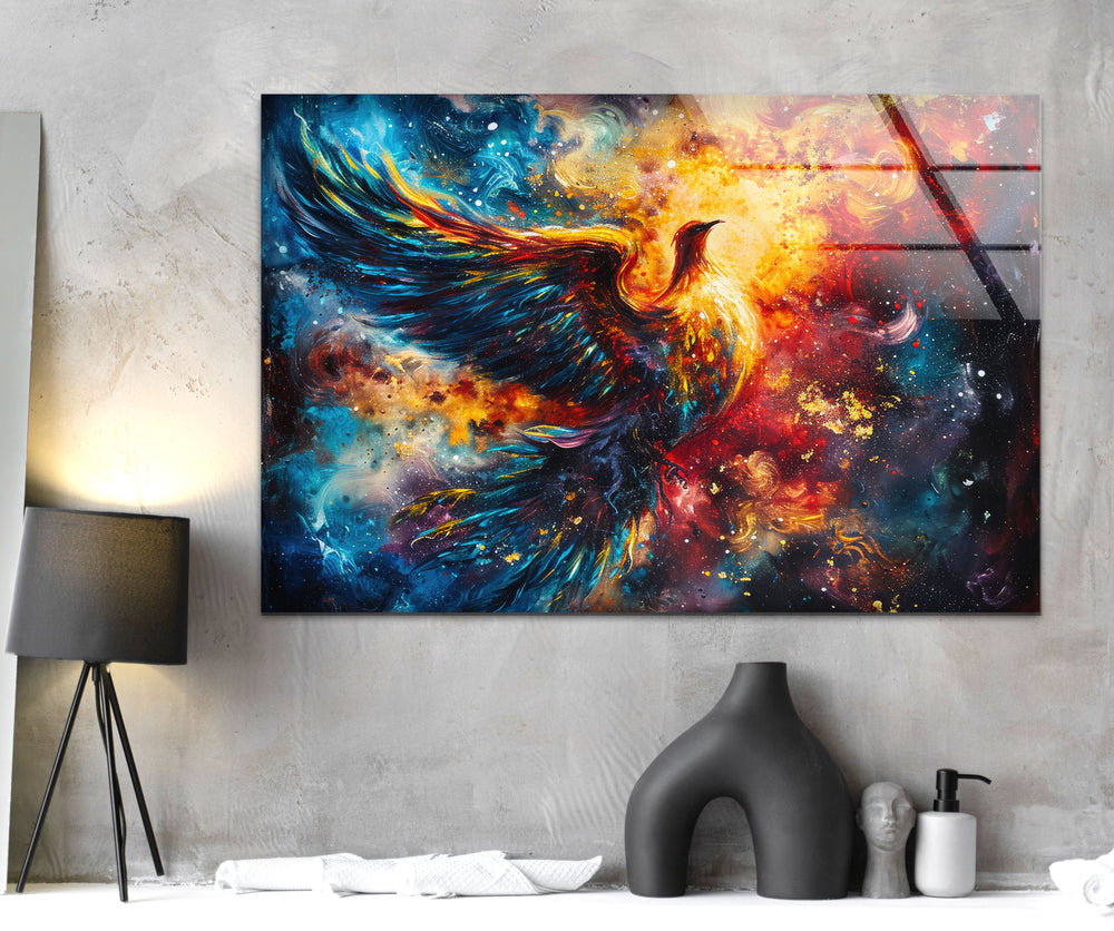 Fiery Phoenix Glass Wall Art glass art painting, glass art for the Wall