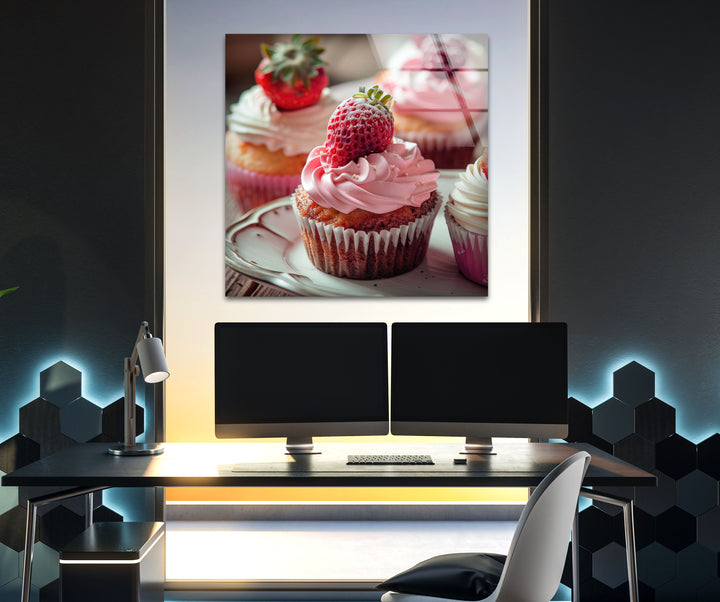 Strawberry Cupcakes Glass Wall Art, glass image printing, glass prints from photos