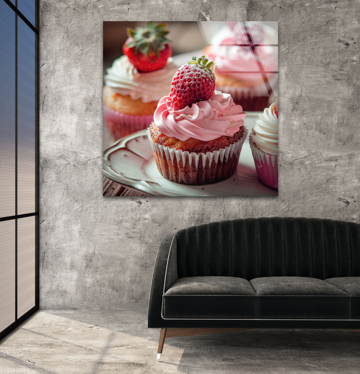 Strawberry Cupcakes Glass Wall Art, Glass Printing Wall Art, Print photos on glass