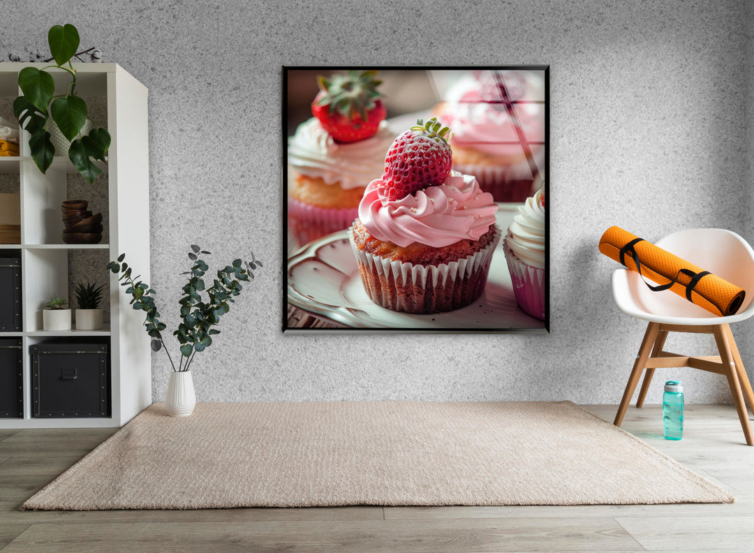 Strawberry Cupcakes Glass Wall Art, glass photo prints, glass picture prints