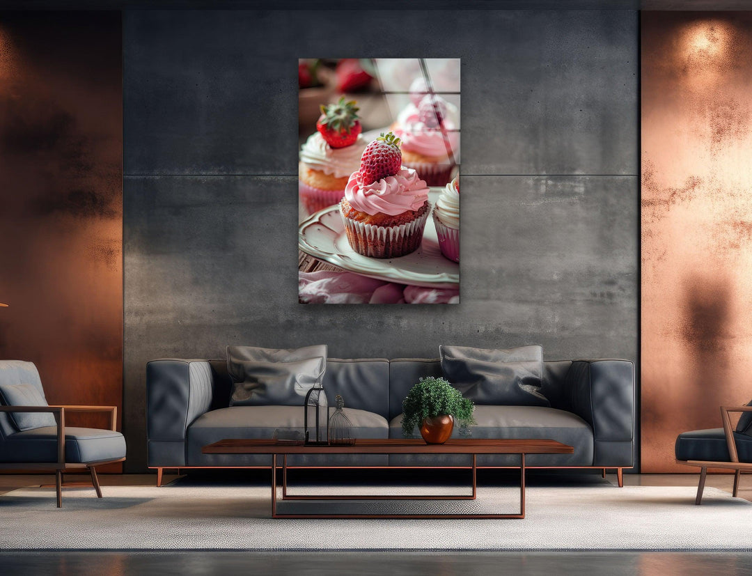 Strawberry Cupcakes Glass Wall Art, custom glass pictures, glass art prints