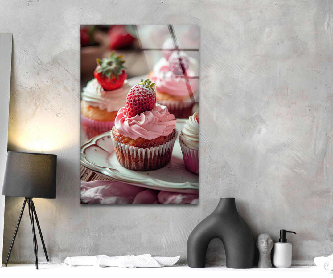 Strawberry Cupcakes Glass Wall Art, glass art painting, glass art for the Wall