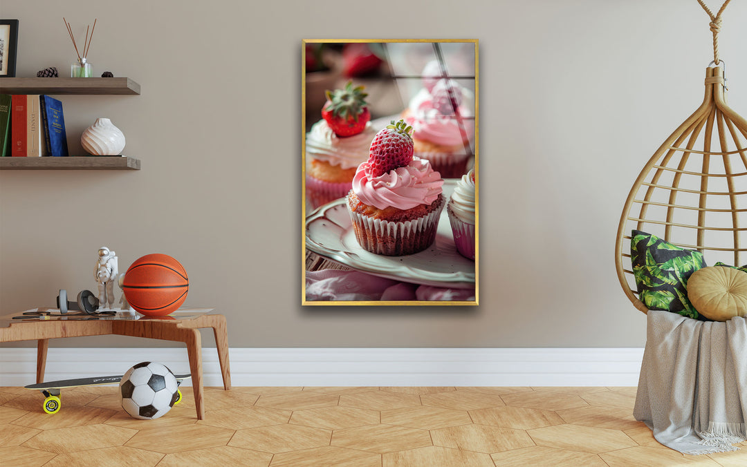 Strawberry Cupcakes Glass Wall Art, stained glass wall art, stained glass wall decor