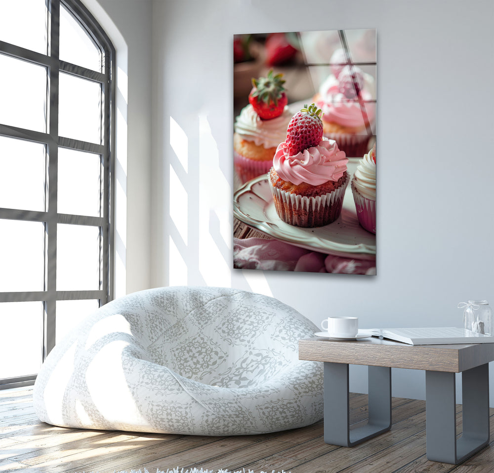 Strawberry Cupcakes Glass Wall Art,             glass wall decor, glass wall art decor