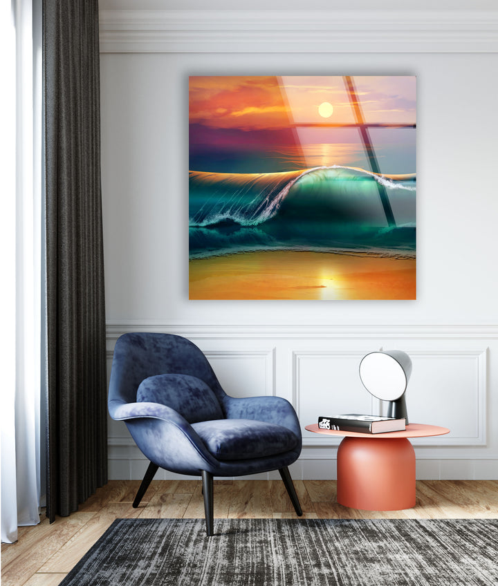 Sunset with Waves Landscape Glass Wall Art Our modern glass wall art will make your living room look better, or you can choose glass wall art for the living room to make a captivating center point. Our glass wall hanging choices make it easy and stylish to show off glass art, glass panel art, and glass panel artwork. With glass photo prints, you can keep your favorite memories alive forever as photographs or pictures on glass that look like they're coming to life.