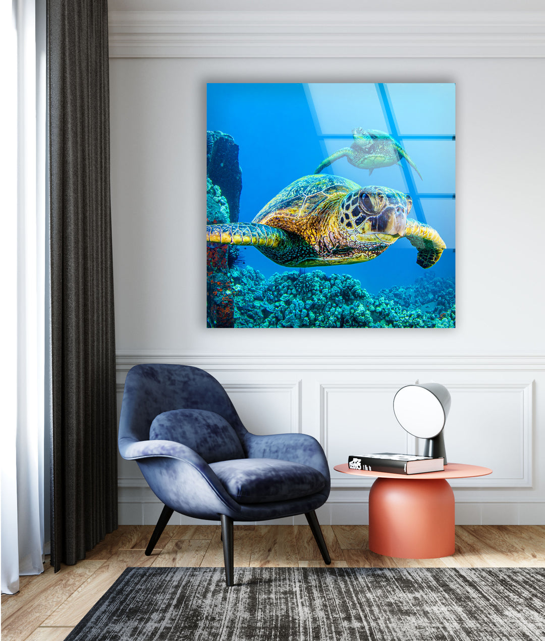 Sea Turtles Swimming Glass Wall Art custom glass photo prints, large glass prints