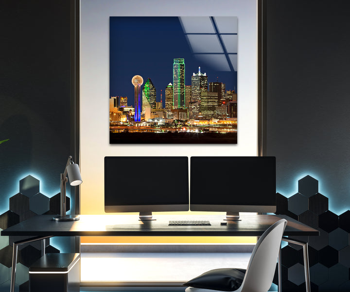 Dallas Night Lights: Urban Beauty on Glass Wall Art
