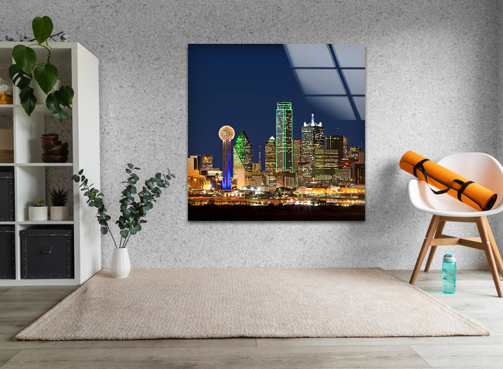 Dallas Skyline: Iconic Night Scene Captured on Glass Wall Art
