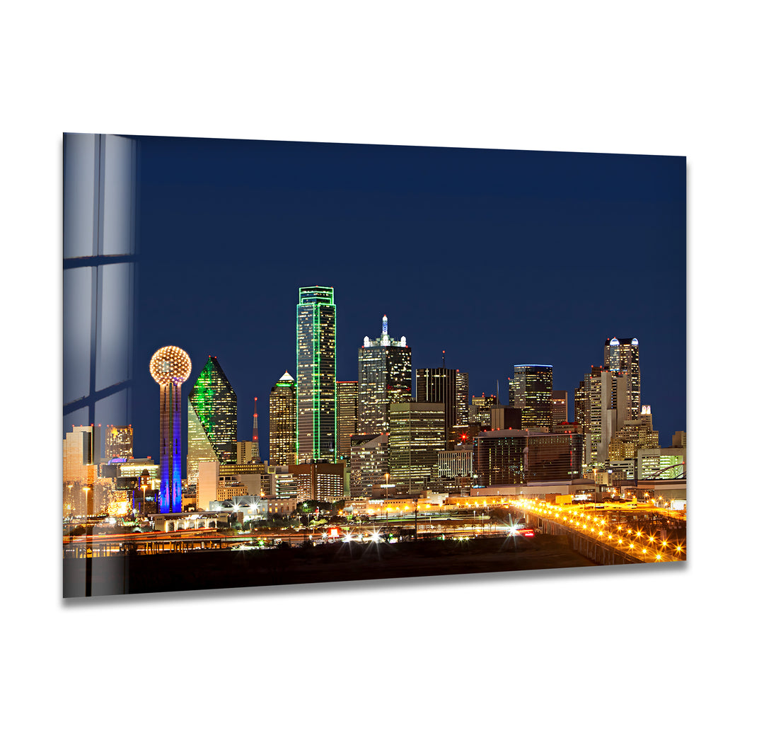 Dallas Skyline at Night: Glowing Cityscape on Glass Wall Art
