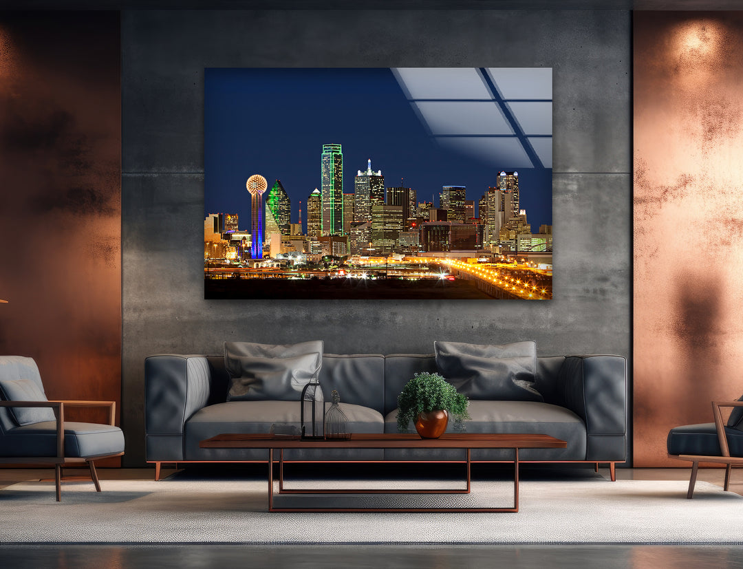 Reunion Tower and Dallas Skyline: Breathtaking Night View on Glass Wall Art
