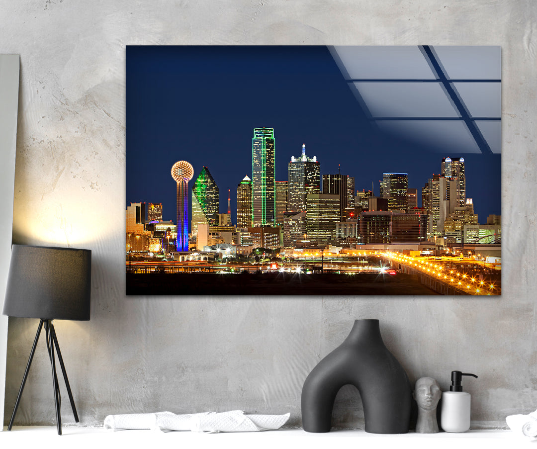 Dallas Skyline at Night: Glowing Cityscape on Glass Wall Art
