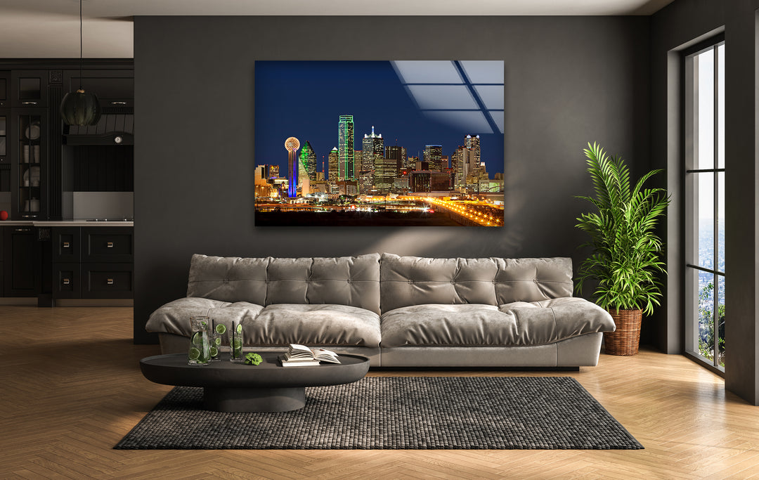 Dallas City Lights: Illuminated Skyline on Glass Wall Art
