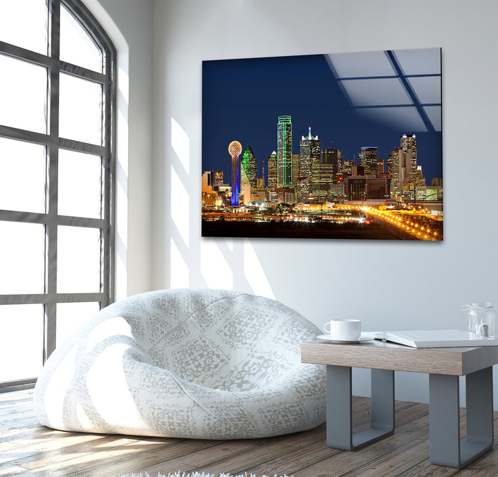 Dallas Skyline: Nighttime Elegance on Glass Wall Art
