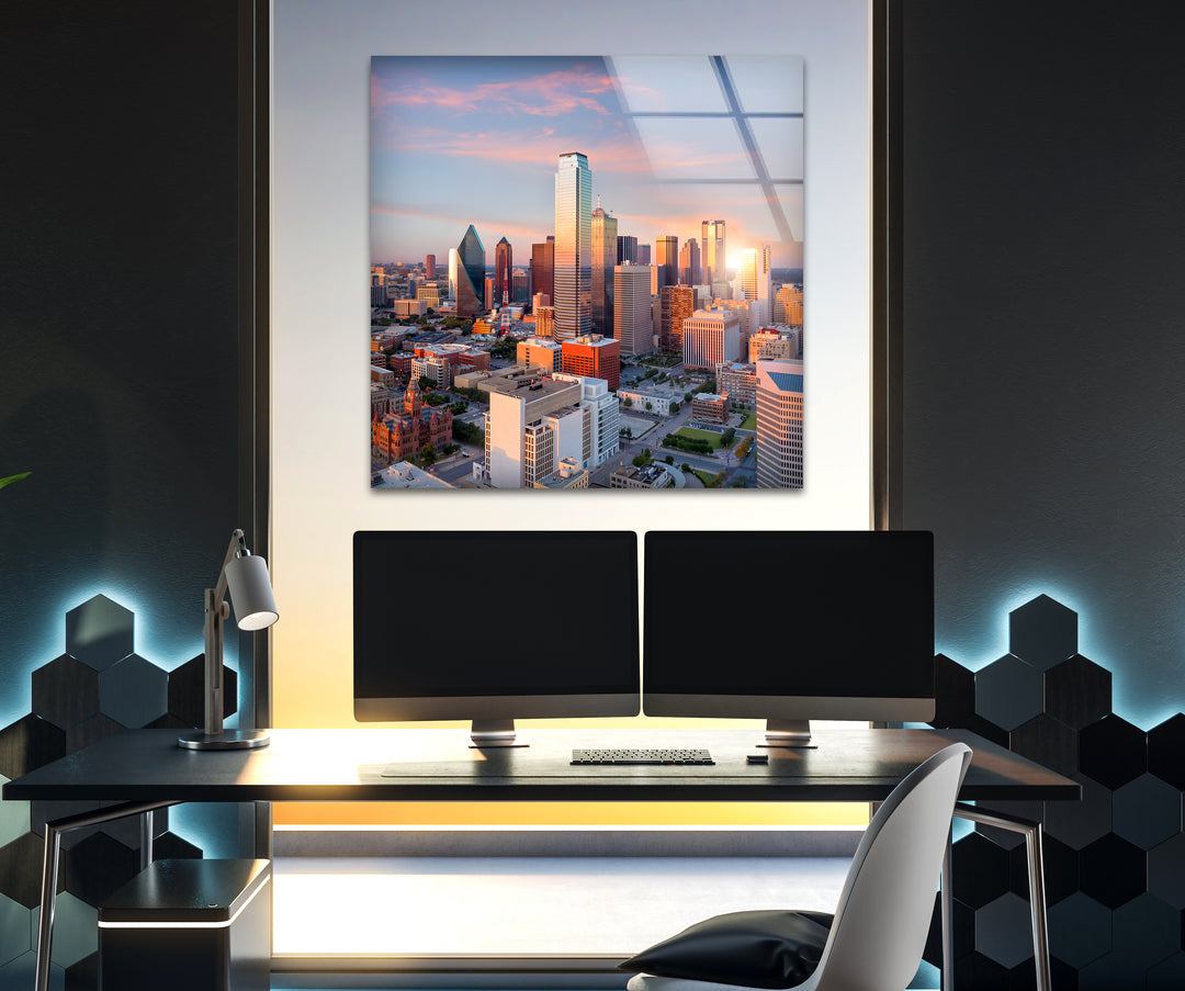 Dallas Sunset: Vibrant Cityscape on Glass Wall Art
