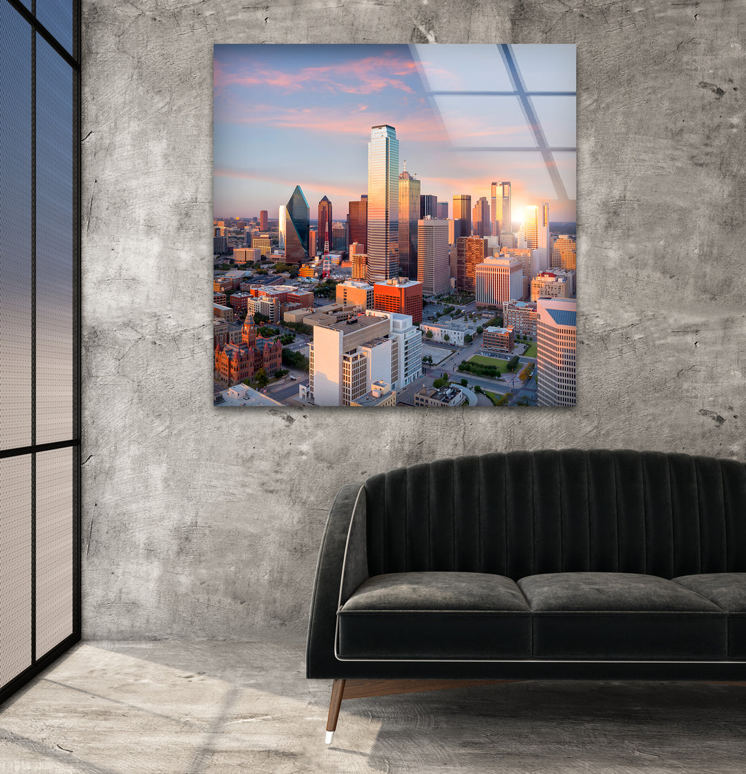 Sunset Over Dallas: Stunning Cityscape on Glass Wall Art
