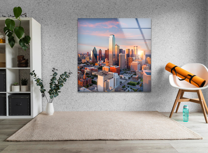 Dallas Skyline: A Golden Glow at Sunset on Glass Wall Art
