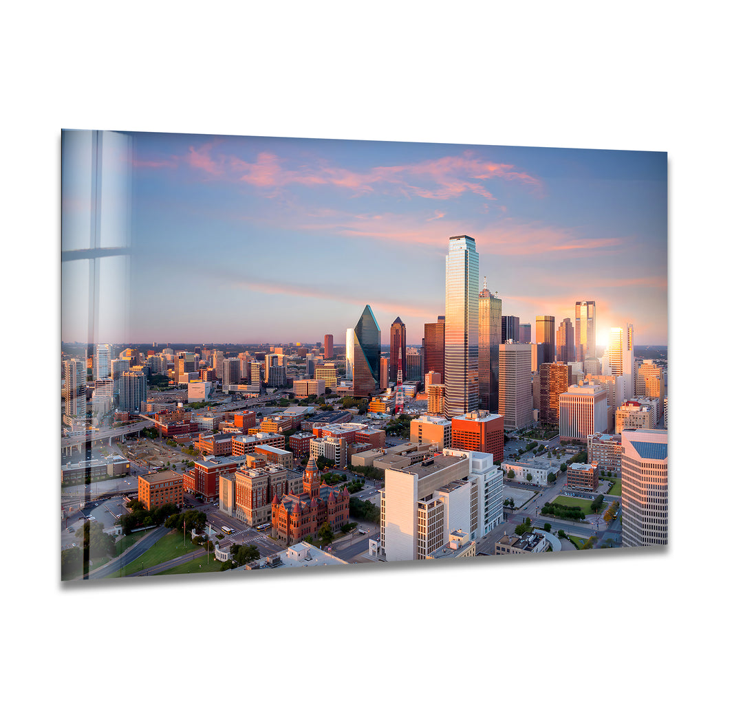 Dallas Skyline at Sunset: Stunning Cityscape on Glass Wall Art
