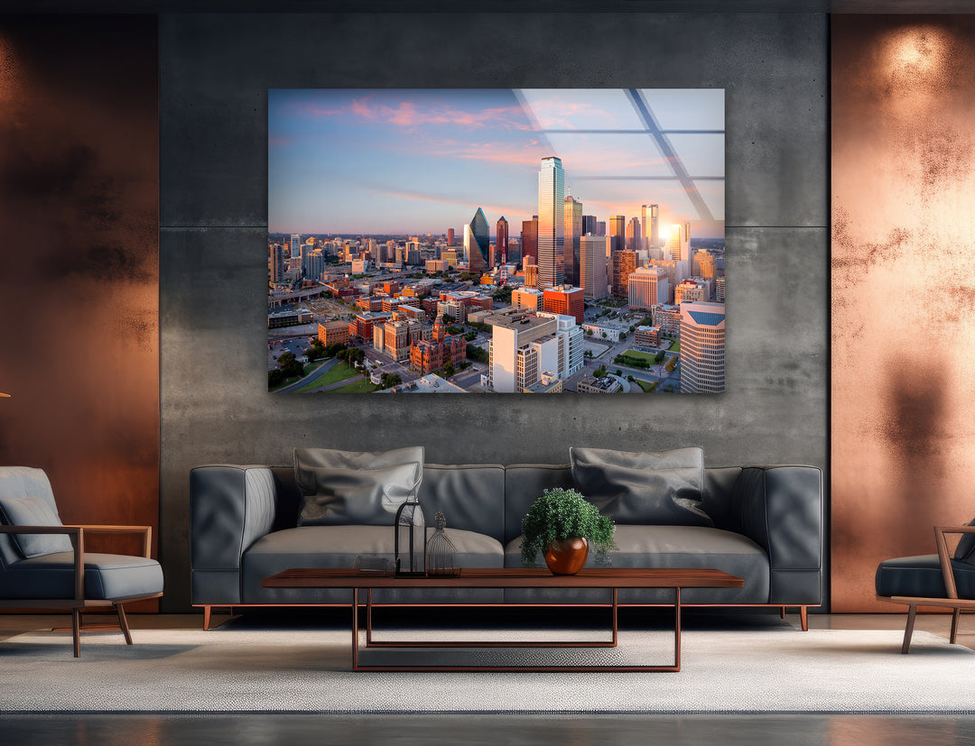 Cityscape of Dallas: Sunset Illuminated Skyline on Glass Wall Art
