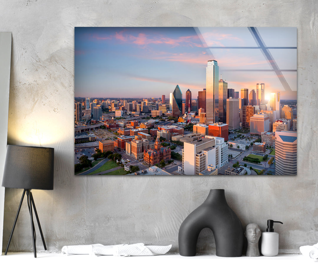 Dallas Skyline: Sunset Magic Captured on Glass Wall Art
