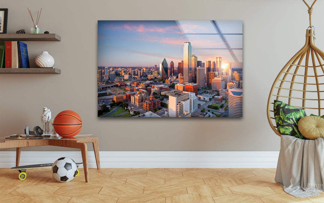 Dallas Skyline at Sunset: Stunning Cityscape on Glass Wall Art
