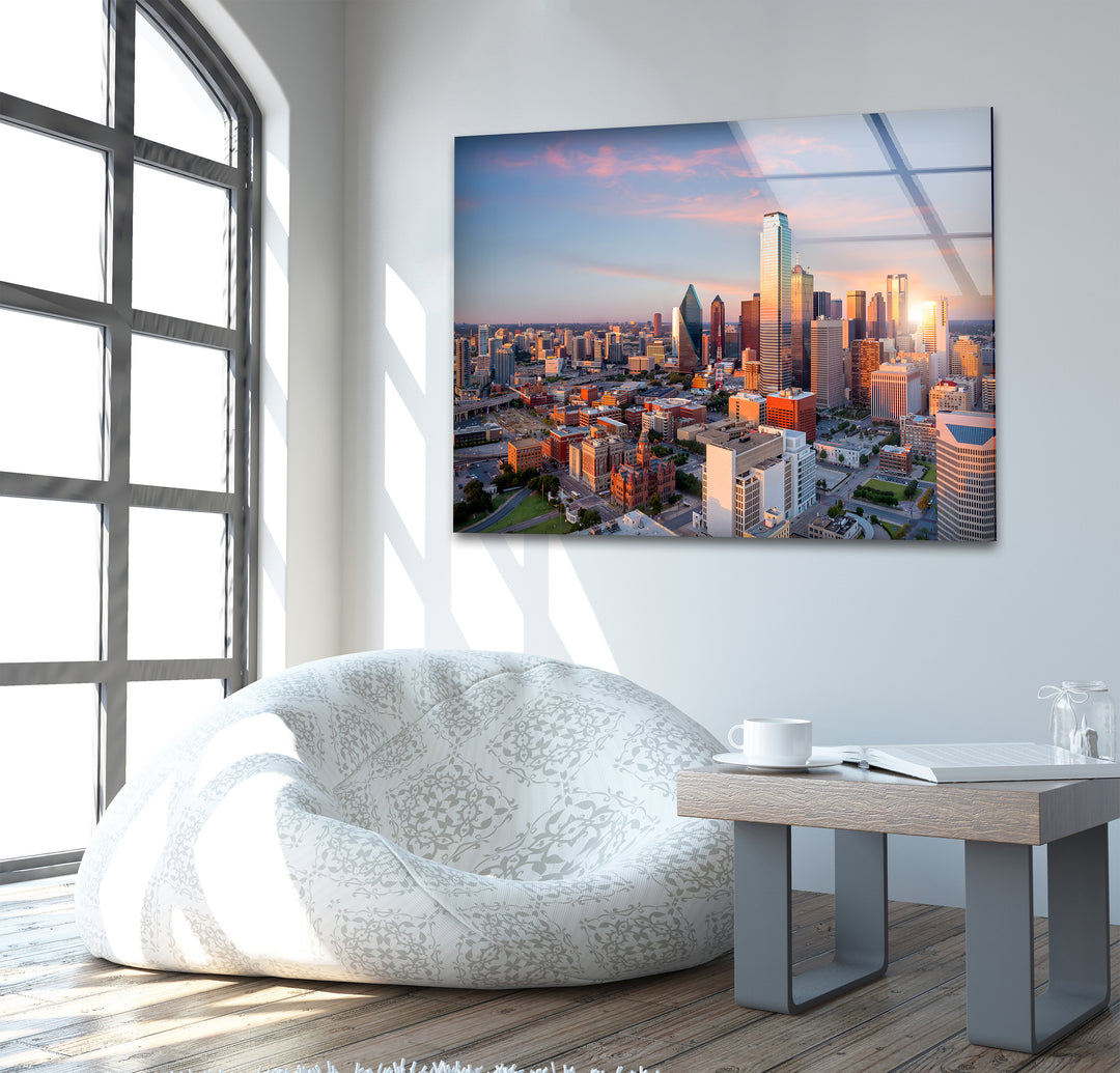 Dallas Skyline: Golden Hour Beauty Captured on Glass Wall Art
