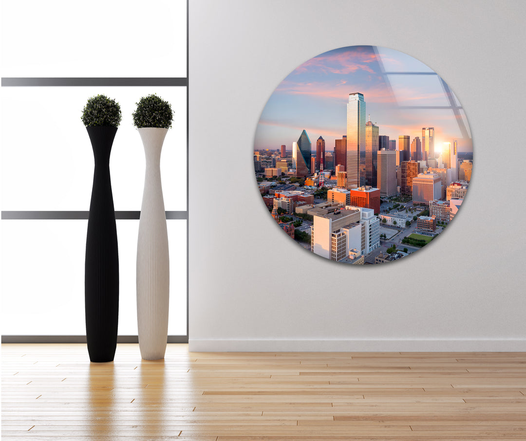 Dallas Cityscape at Sunset: Iconic Skyline on Glass Wall Art
