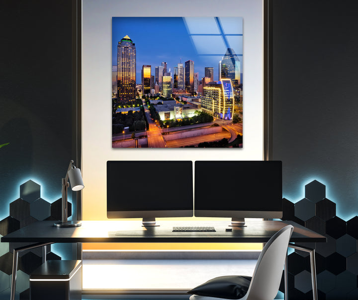 Dallas Skyline: Stunning Cityscape at Night on Glass Wall Art
