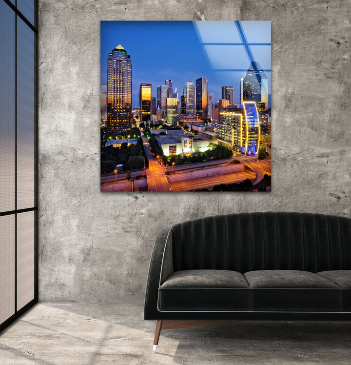 Vibrant Dallas Skyline: Night Scene Captured on Glass Wall Art
