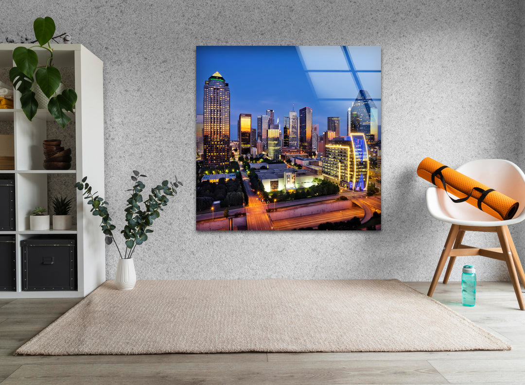 Dallas Lights: Stunning Nighttime Cityscape on Glass Wall Art
