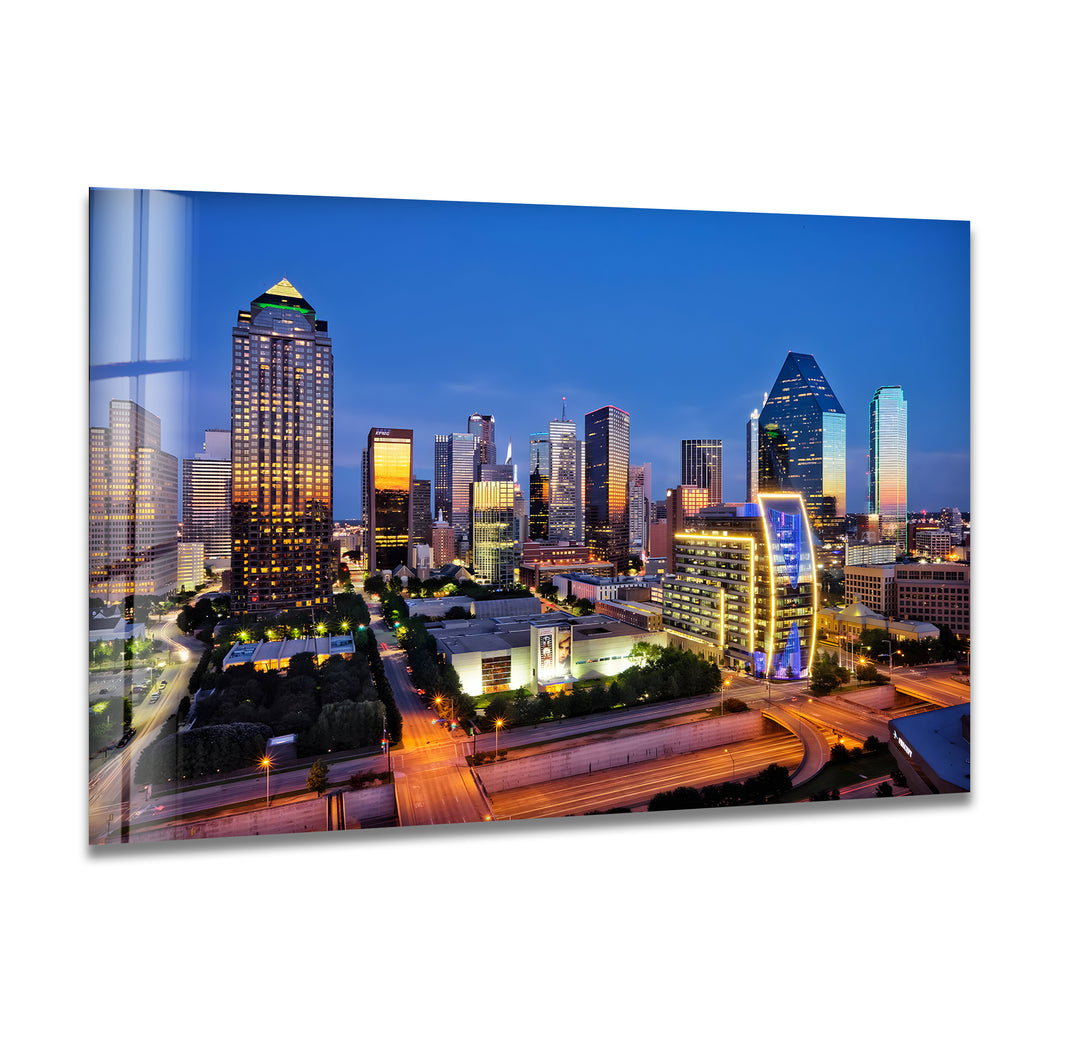 Dallas Skyline: Stunning Cityscape at Night on Glass Wall Art
